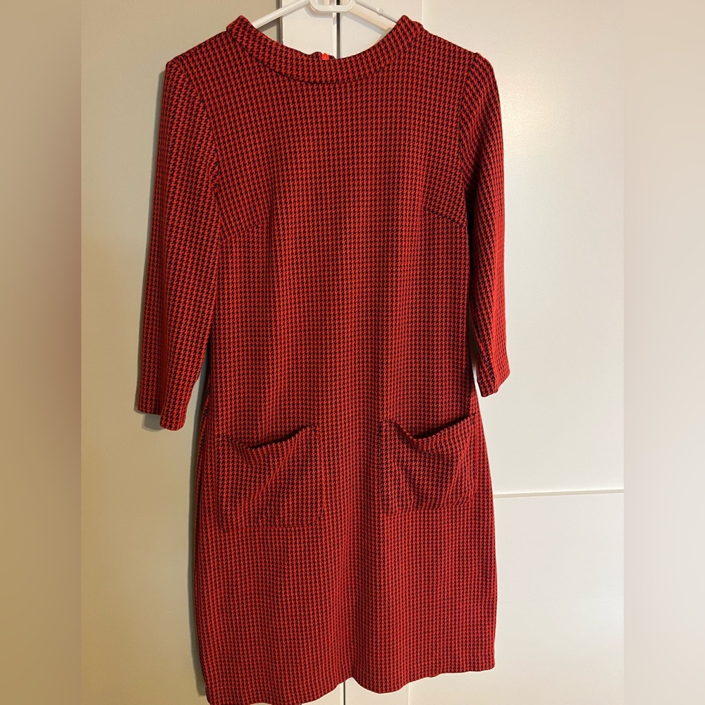 Boden Red and Navy Patterned Long Sleeve Dress